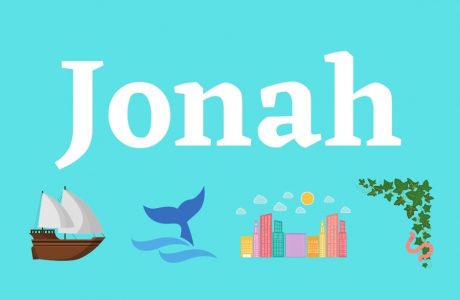 The book of Jonah title image with a ship, a fish, a city, and a worm