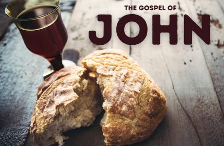 Cover image for the gospel of John, showing a glass of wine and a piece of bread