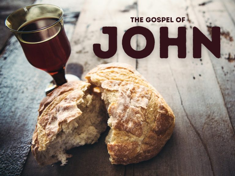 Cover image for the gospel of John, showing a glass of wine and a piece of bread