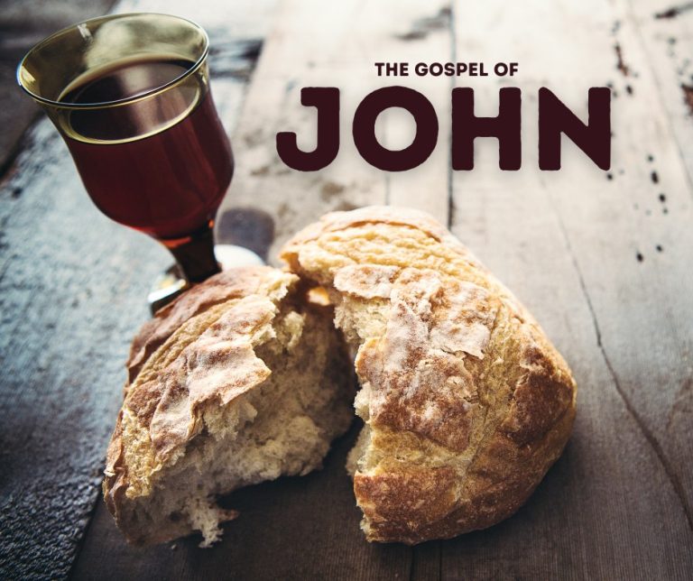 Cover image for the gospel of John, showing a glass of wine and a piece of bread